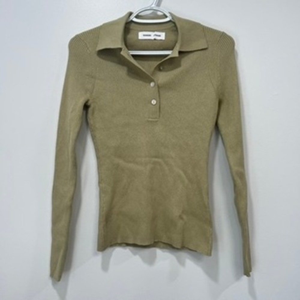 Samsoe Samsoe Womens Top XS Tan Pleated‎ Henley Collar Stretch Long Sleeve